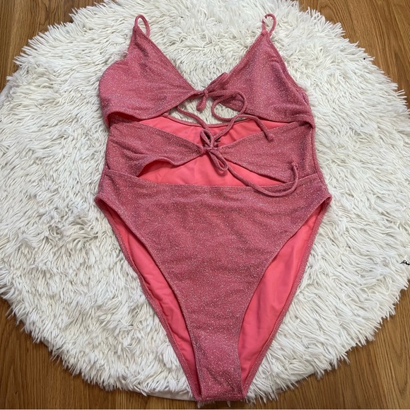 NBD Rachelle Lurex Cut Out One Piece in Pink Glitter - Picture 3 of 9